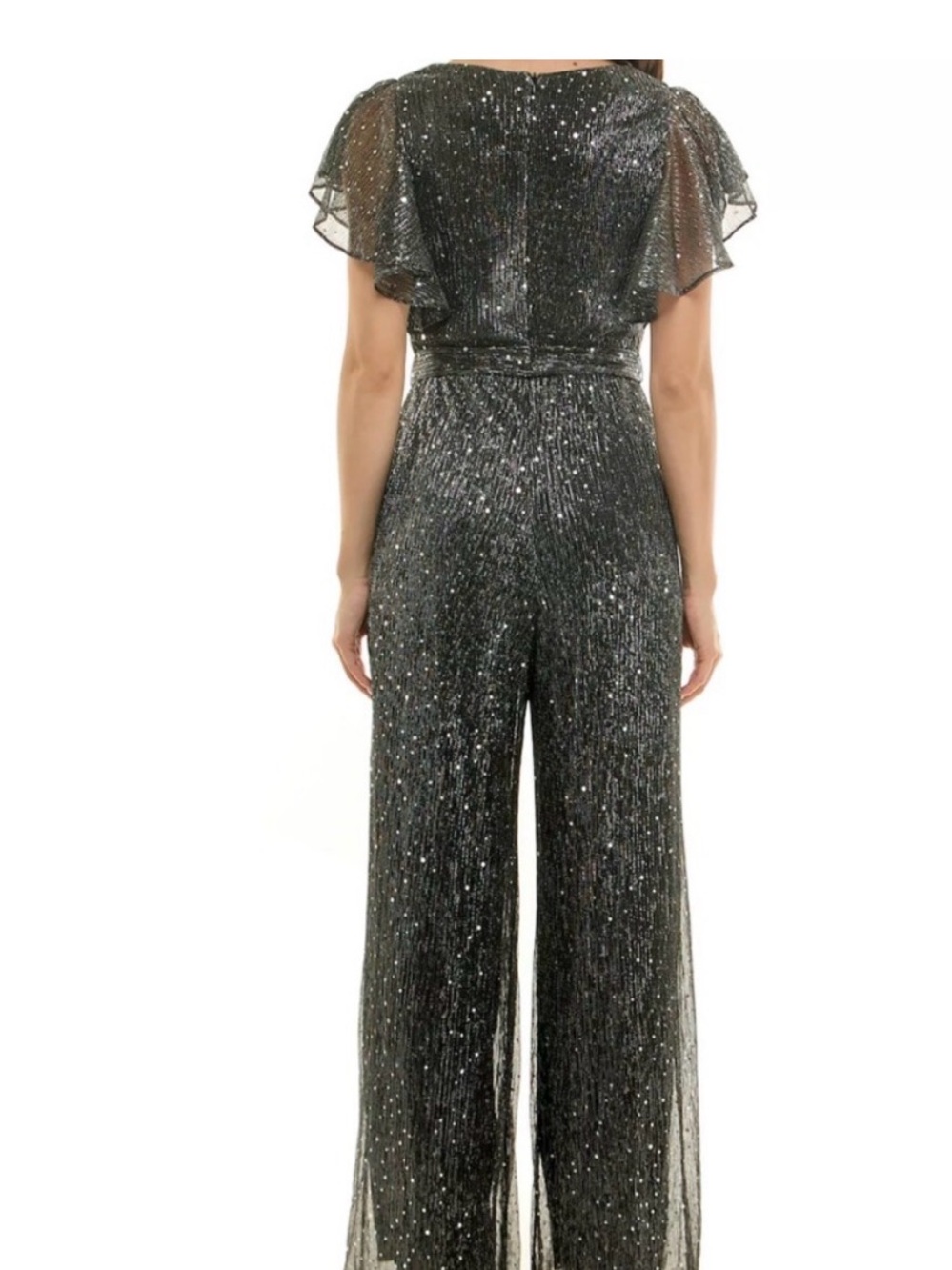 Maison Tara Black Sparkle Flutter-Sleeve Wide-Leg Jumpsuit - Picture 3 of 4
